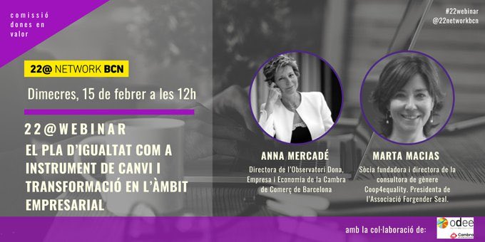 forgender's tweet photo. 🟣📢L'@odeecambra conjuntament amb @22networkbcn organitza el #Webinar sobre el #PladIgualtat com a instrument de canvi i transformació en les #empreses.
➡️15 Febrer 12h amb @anna_mercade, directora #ODEE @CambraBCN i @maciasmarta, presidenta #Forgender
👉https://t.co/6N08bPCKh5 https://t.co/KxVQyIvKij