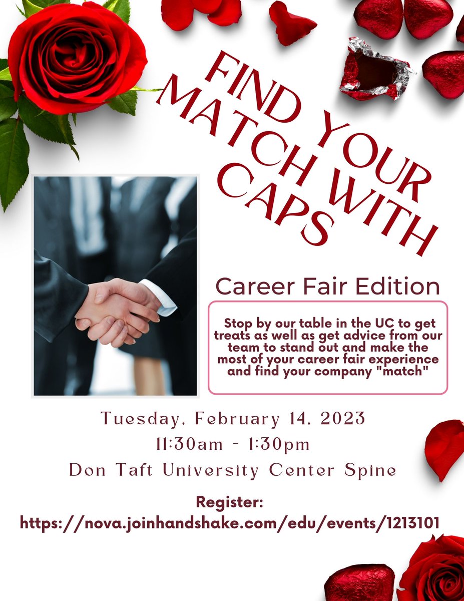 Hey Sharks!

The Recruit a Shark Career Fair is approaching fast. Be sure to stop by the UC and visit our table for advice on how to find your employer match! Treats will be provided along with tips to stand out during the fair🦈