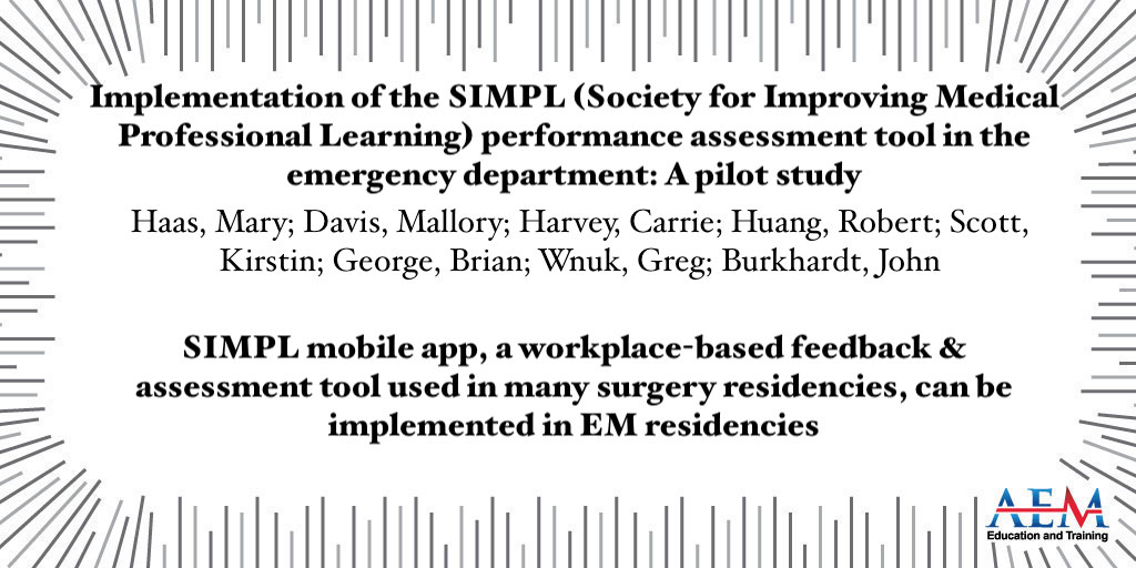AEMETOnline (@aem_etonline) on Twitter photo SIMPL mobile app, a workplace-based feedback & assessment tool used in many surgery residencies, can be implemented in EM residencies <a href="/maryhaasmd/">Mary Haas, MD, MHPE</a>
onlinelibrary.wiley.com/doi/10.1002/ae… SIMPL mobile app, a workplace-based feedback & assessment tool used in many surgery residencies, can be implemented in EM residencies <a href="/maryhaasmd/">Mary Haas, MD, MHPE</a>
onlinelibrary.wiley.com/doi/10.1002/ae…