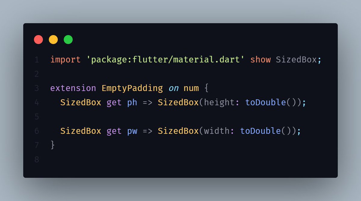 AhmadAlmubrak's tweet image. #Flutter tip: Many times, we need to place a space between widgets, and we use a #sizedBox #widget with height(horizontal) or width(vertical) to create space; however, there is a handy #extension to do that, and you might use it several times in your application.
#FlutterTips