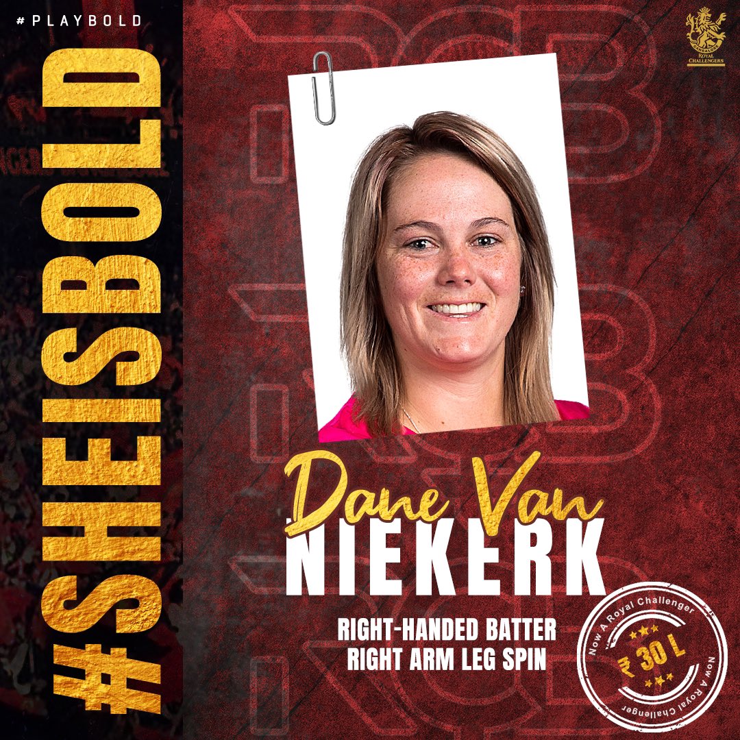 RCBTweets's tweet photo. The former South Africa captain &amp; star all-rounder is now a Royal Challenger! 🔥

Welcome to RCB, Dané Van Niekerk! 🤩

#PlayBold #WeAreChallengers #WPL2023 #WPLAuction #NowARoyalChallenger https://t.co/ypJSc7iksu