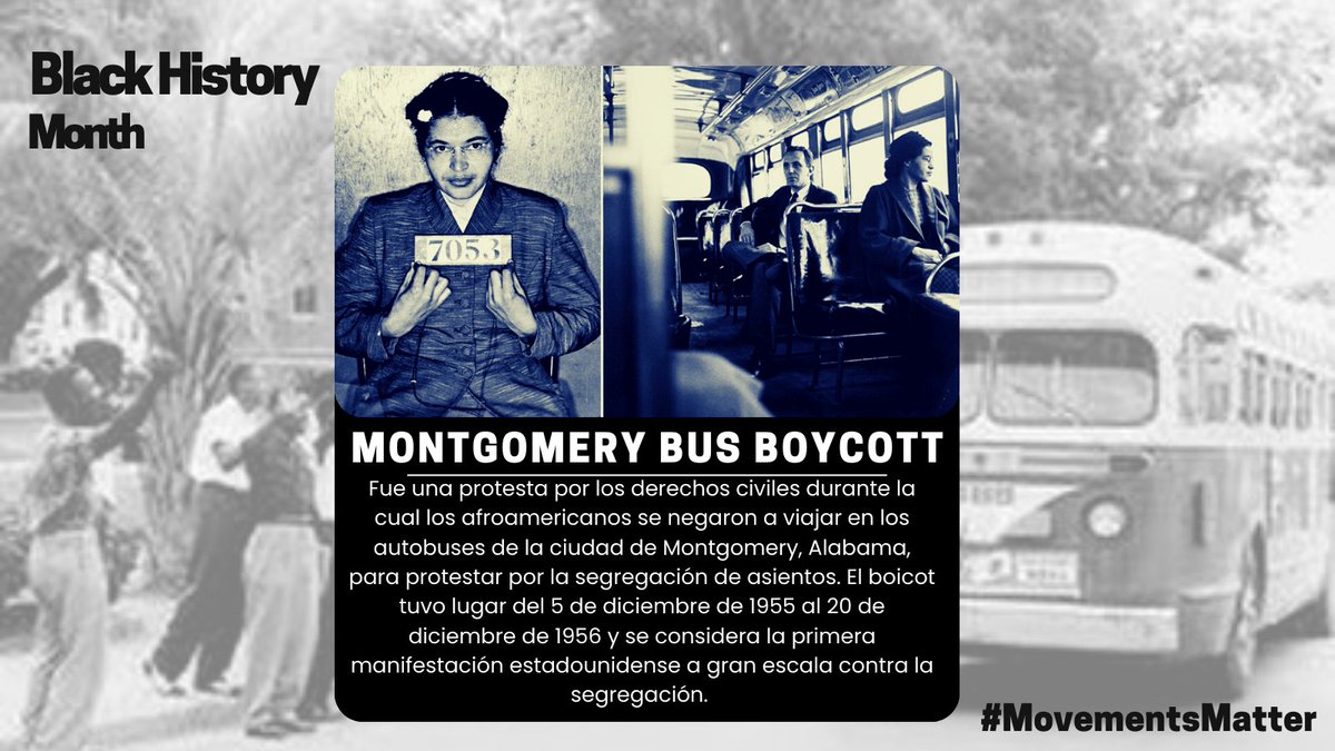 En 1955 Rosa Parks ayudó a iniciar el movimiento por los derechos civiles en 🇺🇸 cuando se negó a ceder su asiento a un hombre blanco en un autobús. Esto inspiró a los líderes de la comunidad negra a organizar el boicot a los autobuses de Montgomery. #MovementsMatter #BHM