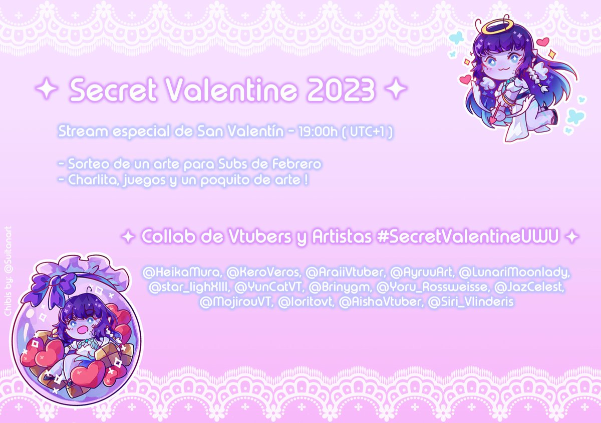 🎀〈 ♡ Secret Valentine 2023 ♡ 〉🎀

Tenemos una cita en stream y una collab bien bonita para endulzar su día~

🍰 #SecretValentineUWU 🍰