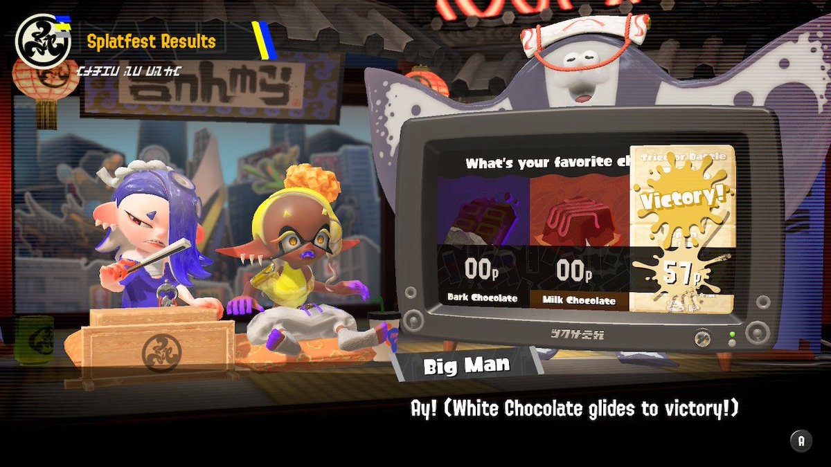 The results are in...and Team White Chocolate wins the #Splatfest with a clean sweep! Congratulations to Team White Chocolate, and remember—we're ALL winners when it comes to Super Sea Snails. Don’t forget to pick yours up in the square!