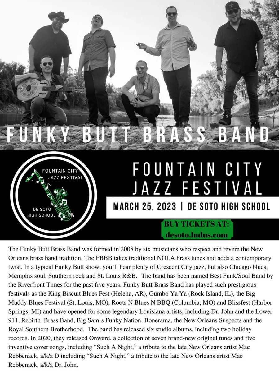 Get ready for a night of toe-tapping fun at the Fountain City Jazz Fest, feat the incredible <a href="/funkybuttbrass/">Funky Butt BrassBand</a>! Secure your tickets now and get ready to sway to the beat! Get your tickets today before they sell out at desoto.ludus.com.  

#GOBAND #GoDragons #FBBB #FCJF