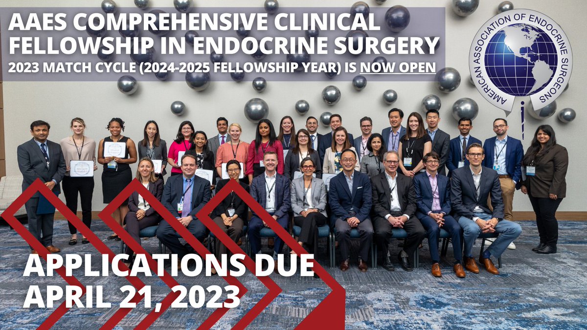 American Association of Endocrine Surgeons (@theaaes) on Twitter photo πWe are proud to announce <a href="/TheAAES/">American Association of Endocrine Surgeons</a> Comprehensive Clinical Fellowship in Endocrine Surgery - 2023 Match Cycle (2024-2025 fellowship year) is NOW OPEN! π
For more information and to apply CLICK HERE:
endocrinesurgery.org/match-program πWe are proud to announce <a href="/TheAAES/">American Association of Endocrine Surgeons</a> Comprehensive Clinical Fellowship in Endocrine Surgery - 2023 Match Cycle (2024-2025 fellowship year) is NOW OPEN! π
For more information and to apply CLICK HERE:
endocrinesurgery.org/match-program