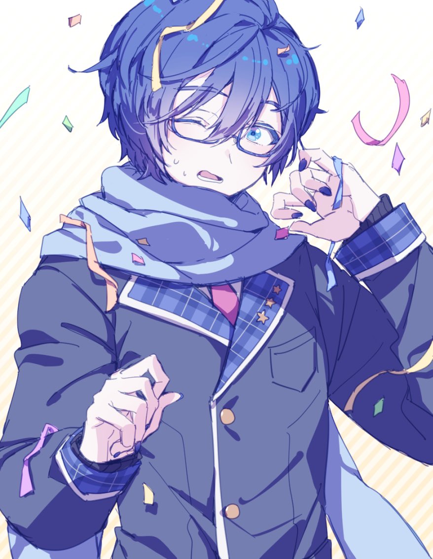 kaito (vocaloid) 1boy male focus blue scarf confetti blue hair scarf one eye closed  illustration images