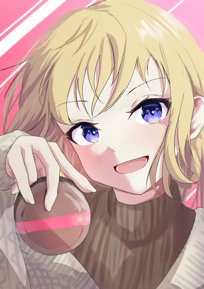 1girl solo blonde hair smile blue eyes sweater looking at viewer  illustration images