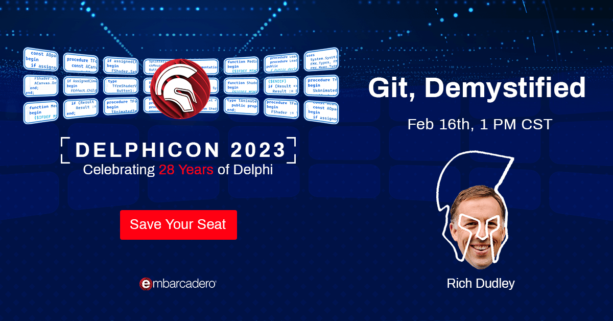 EmbarcaderoTech's tweet image. #DelphiCon2023 Join Rich Dudley in the &quot;Git, Demystified&quot; session on Feb 16th at 1 PM CST. Register now: embt.co/DelphiCon-2023 

#Delphi #developers #programming