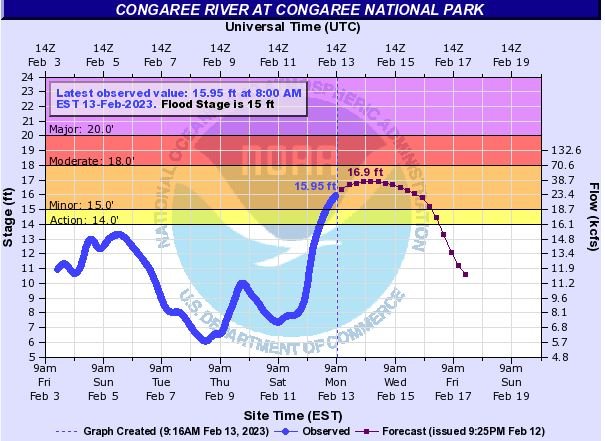 A Flood Advisory is in effect for the Congaree R. The Congaree is at 16.04 ft, Cedar Creek 8.26 ft. Many trails will be affected, excepting the Elevated Boardwalk, Bluff Firefly, and Longleaf Trails. More information: nps.gov/cong/planyourv…