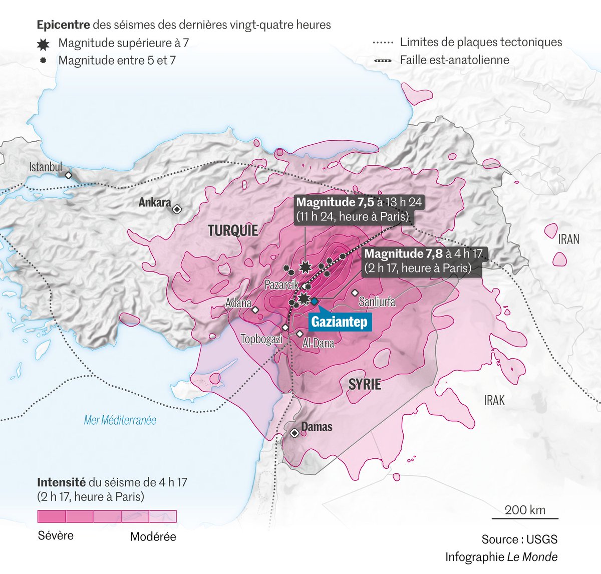 ScienceCQFD's tweet photo. [#Infographie] Séismes en #Turquie et en #Syrie : visualisez l'épicentre et les zones touchées https://t.co/XmJmD1tVB7 via @lemondefr #ScienceCQFD https://t.co/4kalK9G6rL