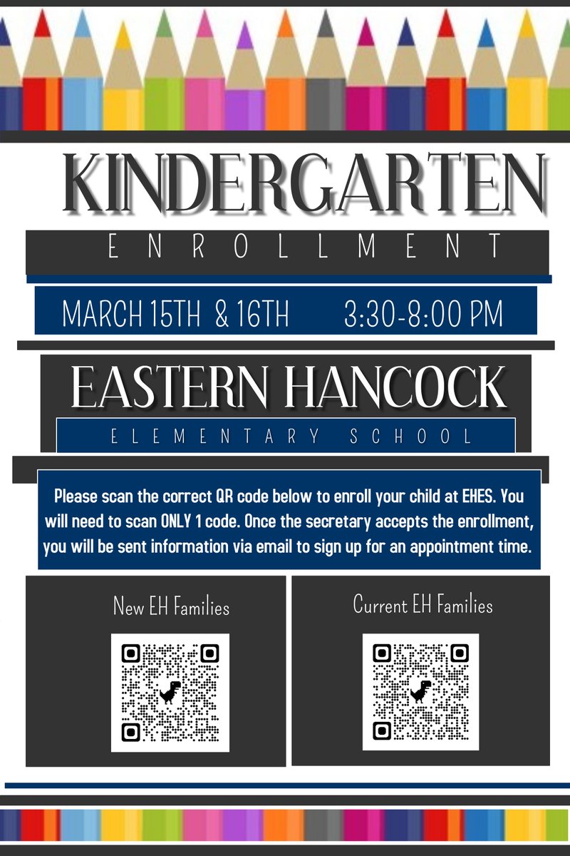 Kindergarten Round-Up is quickly approaching.  Please enroll your child by scanning the QR code below. 

We can't wait to meet our newest Royals. As always we welcome out of district students and families to EHES. #EHRoyalPride
