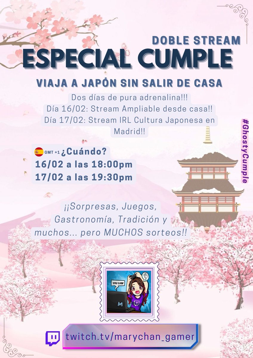 MaryChan_Gamer's tweet photo. ¡¡Os espero a todos este Jueves 16/02 y Viernes 17/02 para celebrar mi #GhostyCumple 🥳👻!!

Dos días llenos de magia, tradición y mucha diversión 🇯🇵!!

Jueves a las 18:00
Viernes a las 19:30
(Ambos hora Española Peninsular, GMT +1 🇪🇸)

Todos los detalles aquí abajito!!! ⤵️💜🔁 https://t.co/4vWu218YZF