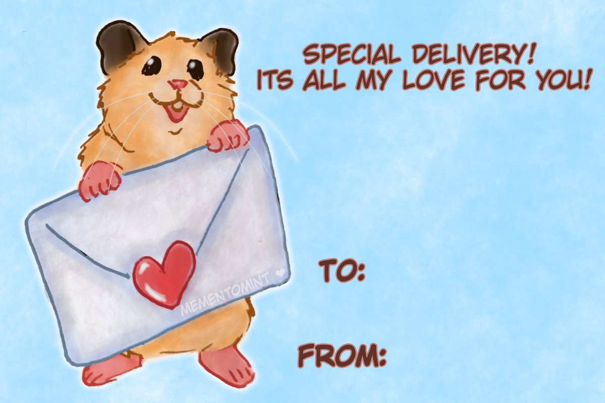 happy day before valentines day! if you're looking for some last minute cards for a friend or loved one i edited my hamentines just for you! 
Enjoy!💕🐹

#ValentinesDay #valentinescard #hamster #digitalart