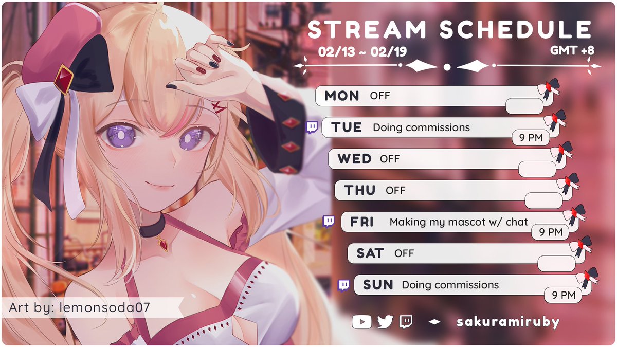 sakuramiruby's tweet photo. ♦WEEKLY SCHEDULE 02/13 - 02/19♦
Here's my schedule for this week! Supposed to be 4 streams but I remember I have a date on wednesday >:)
Art tag: #rubyillust NSFW: #Rubylat
Live tag: #Rubytostream
Clips: #RubidyoClips
Memes: #Rubinsons
#PHVtuber #ENVtuber https://t.co/c5q3Lx9Uks