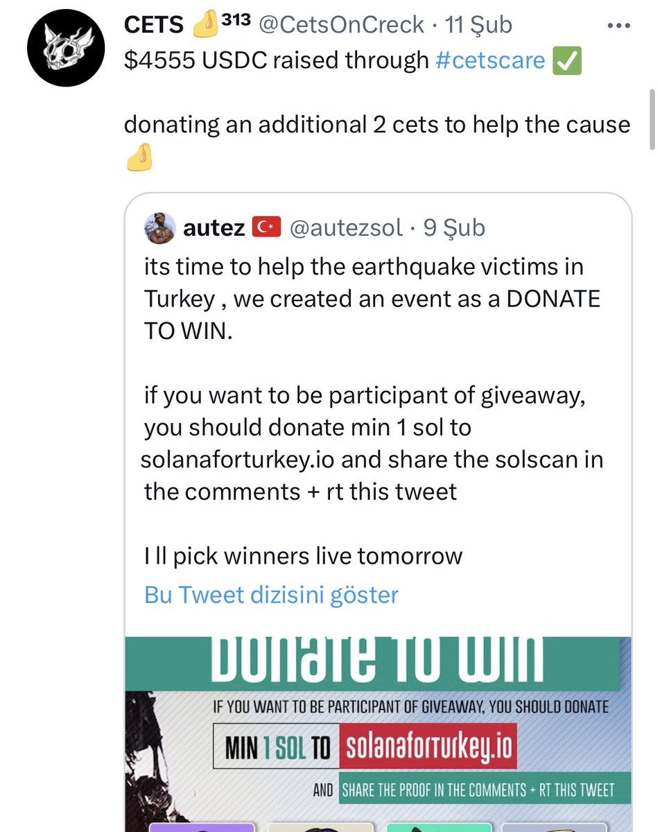 Uluscuturk's tweet photo. 6/ @CetsOnCreck projesi #cetscare raffle yaparak 4555 dolar bağış topladı ve bir çok defa bağış yapılmasının önemi ile ilgili tweet ve video paylaşımlarında bulundu. https://t.co/eAycmW48nU