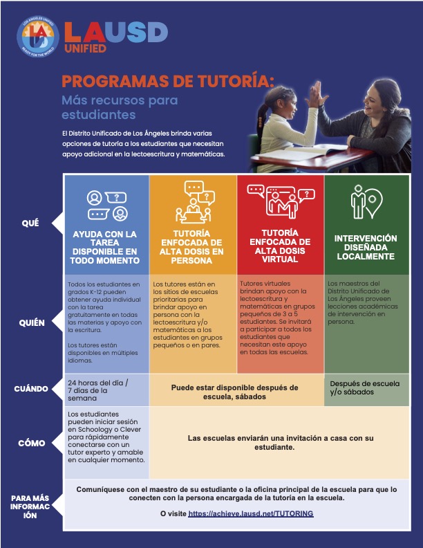 Contact your child’s teacher or the school office to connect you with the school’s tutoring point person. 
Or visit achieve.lausd.net/TUTORING
