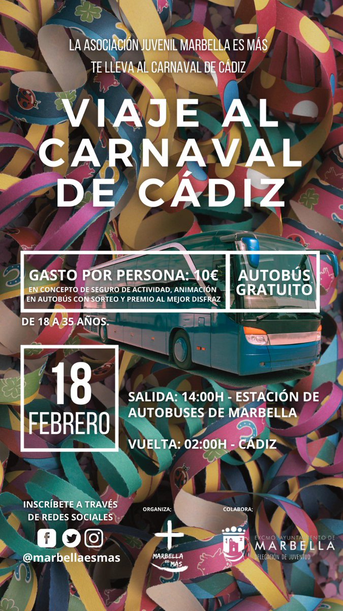 🚎🎉Un año más nos vamos a Cádiz a disfrutar de su maravilloso carnaval para realizar tu inscripción deberás pagar por bizum al número de teléfono 682 88 19 05 y rellena el formulario que se encuentra en la biografía de nuestro perfil de Instagram. Para cualquier duda escríbenos.