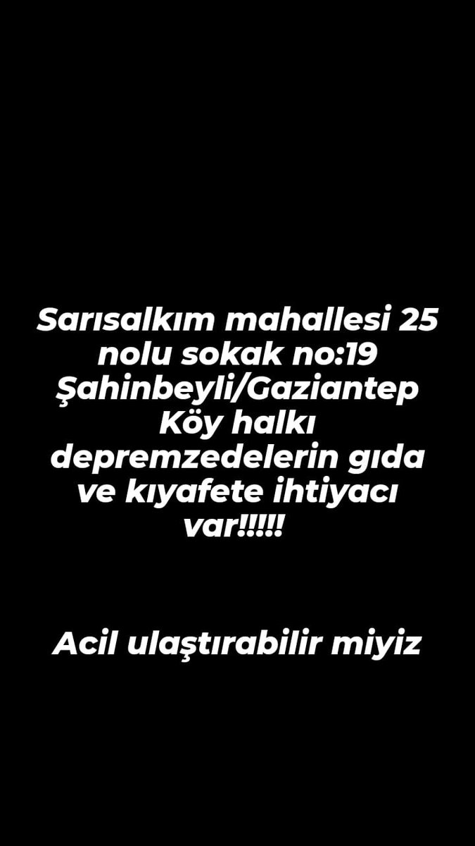 Bugün Gaziantep'teki bir tanıdığımız aradı, Şahinbeyli köyü için kıyafet yardımı istedi.
 Bu köyümüze kıyafet yardımı gidebilmesi için RT yapabilir miyiz lütfen lütfennn ❗❗❗

 <a href="/ahbap/">Ahbap</a> <a href="/haluklevent/">Haluk Levent ( Ahbap Ekibi )</a> <a href="/OguzhanUgur/">Oğuzhan Uğur</a> <a href="/ceydakasabali/">ceyda kasabalı</a> <a href="/FratAlbayram/">Fırat Albayram</a> <a href="/BabalaTv/">BaBaLa TV</a> <a href="/PincTivi/">PincTv</a>