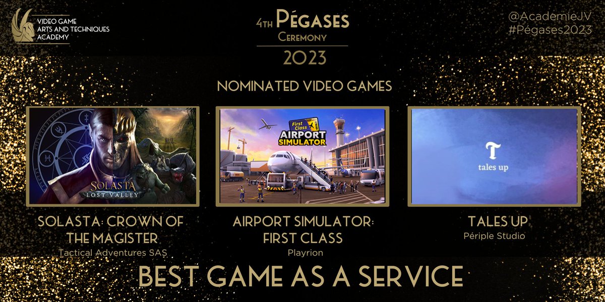 Nominees for Best Game as a Service are Solasta: Crown of the Magister from <a href="/tct_adventures/">Solasta II - Early Access out now! 🎉</a>  / Airport Simulator: First Class from <a href="/Playrion/">Playrion</a>  / <a href="/tales_up/">Tales Up</a> from Périple Studio.