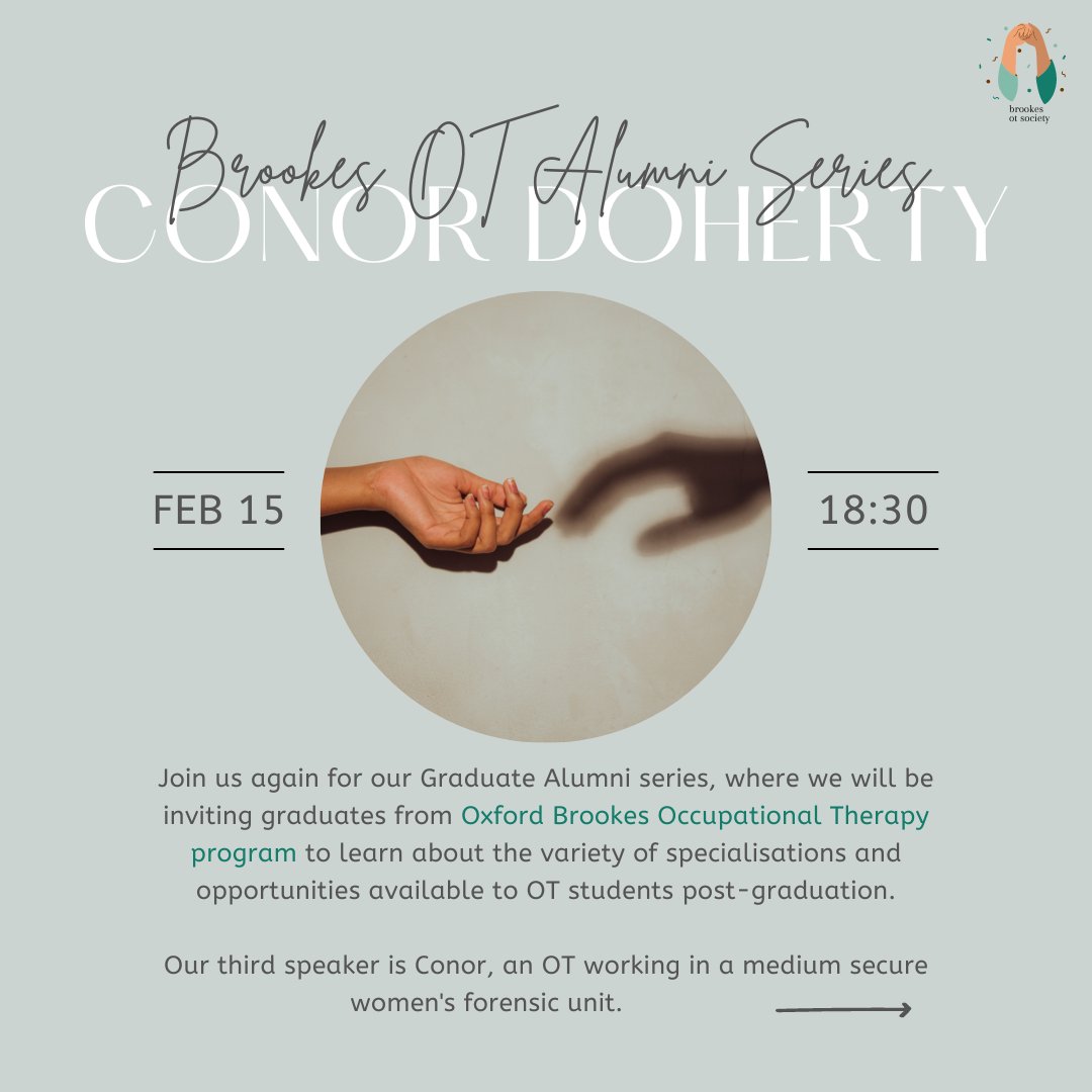 BrookesOTSoc's tweet image. Join us as we welcome our next #OTalumni speaker series guest Conor to speak about his experience working within a #mediumsecure women's #forensicservice ward in South London.

Link will be shared on Moodle, but if you're not a Brookes student and eager to attend -  DM us!