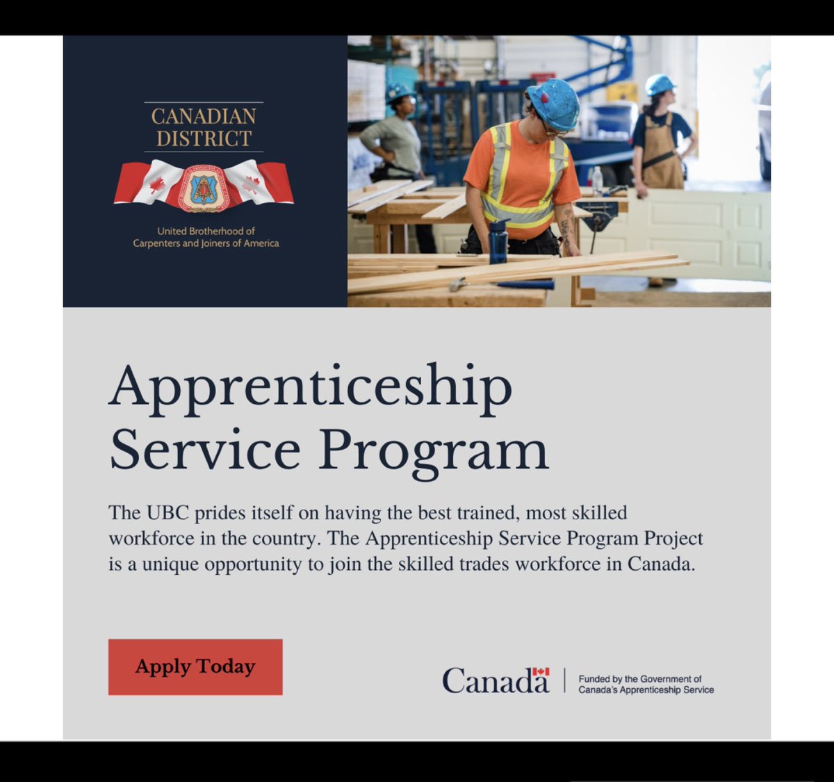 Apprenticeship Service Program! 👷‍♂️🇨🇦👷‍♀️

The UBC prides itself on having the best trained, most skilled workforce in our country. The Apprenticeship Service Program is a unique opportunity to join the skilled trades workforce in Canada.

Get more info: ubc-asp.ca
