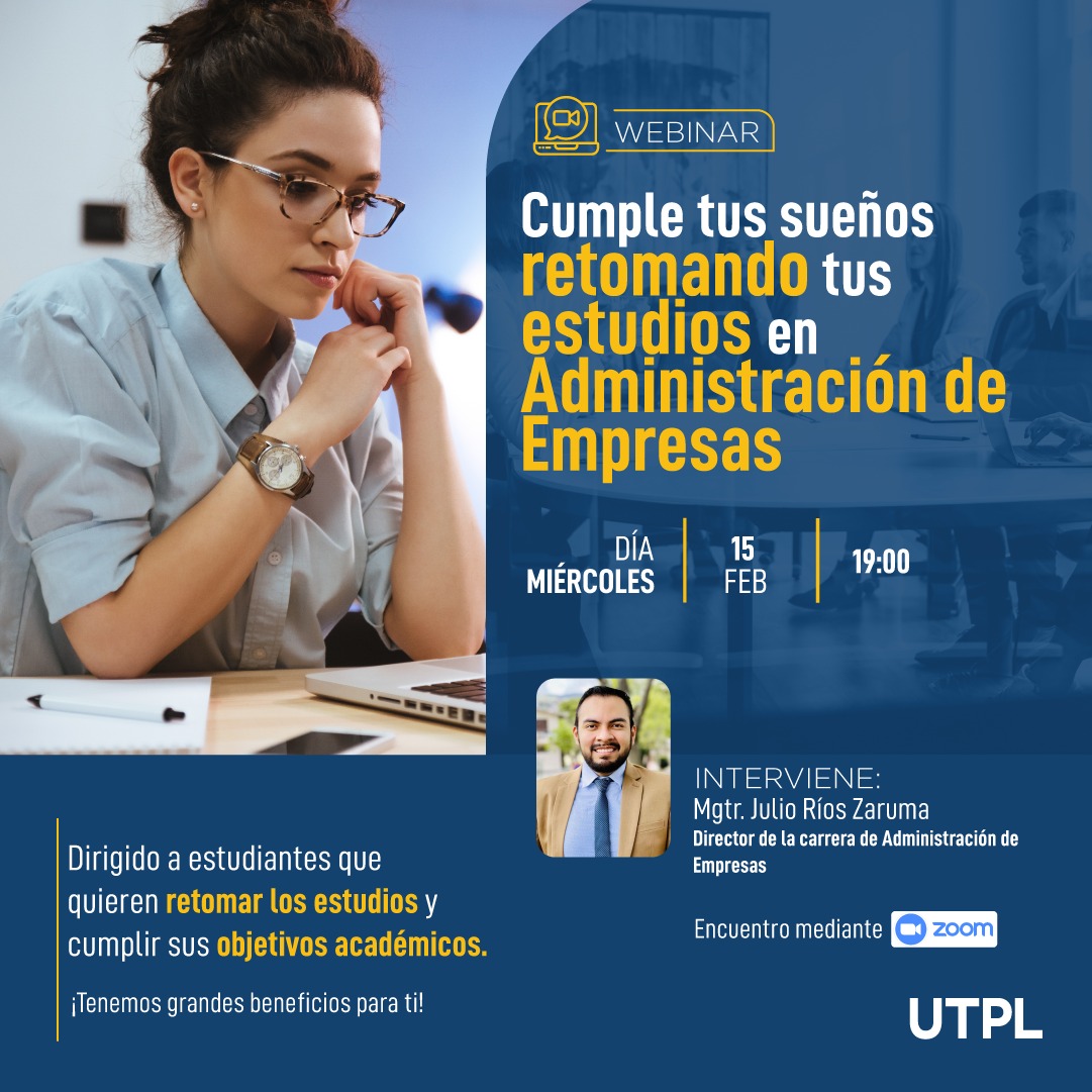 Admfeutpl's tweet photo. ¡Cumple tus sueños retomando tus estudios en Administración de Empresas! 📚
📌Si tienes consultas sobre el proceso de reingreso, descuentos y formas de pago, participa el día miércoles 15 de febrero de 2023 en nuestro webinar de la carrera de Administración de Empresas a las 7pm https://t.co/SwD4JkWxaQ