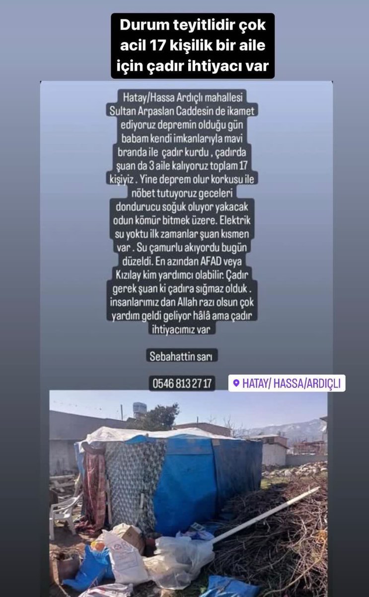 GÜNCEL TEYİTLİ

Çadır yardımı gerekli acil!

Ardıçlı/Hassa/Hatay

0546 813 27 17

Sebahattin Sarı