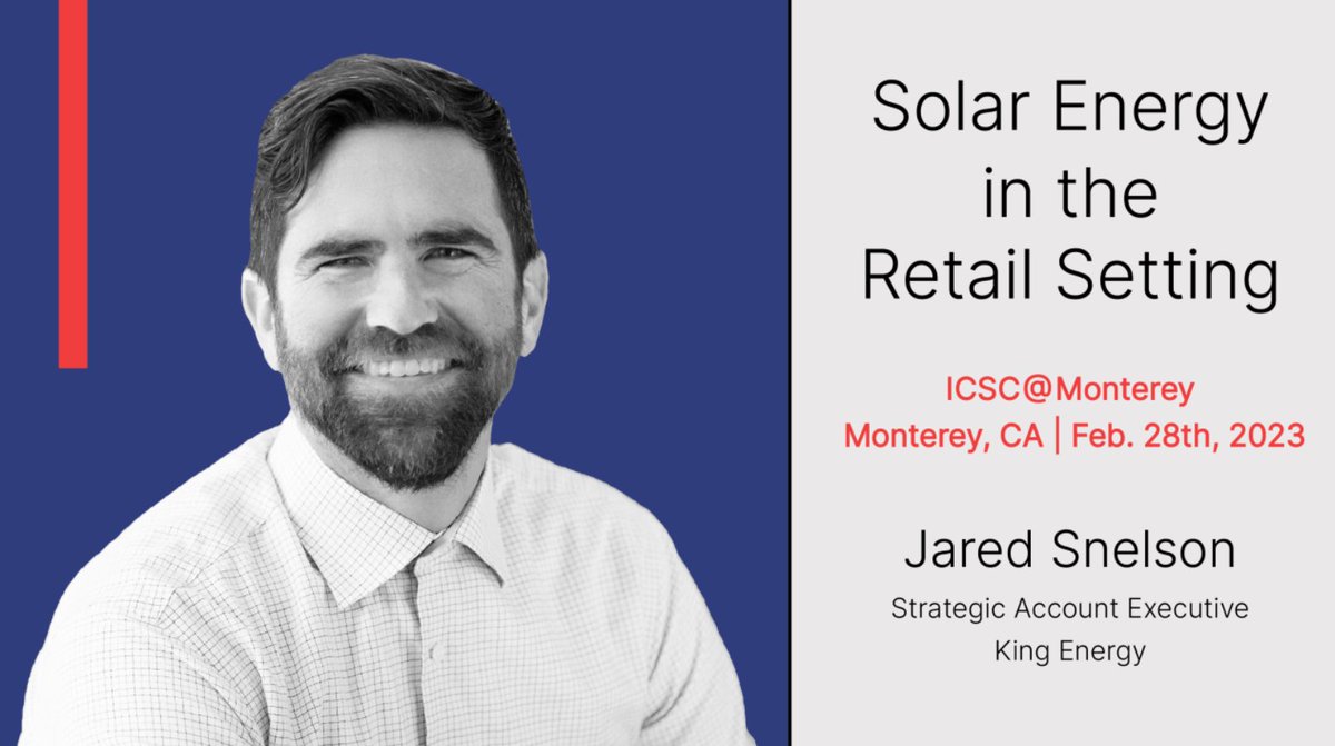 Come join us at ICSC@Monterey to hear Jared Snelson talk about solar energy solutions in the retail setting.

#solarenergy #retail #retailrealestate #renewableenergy