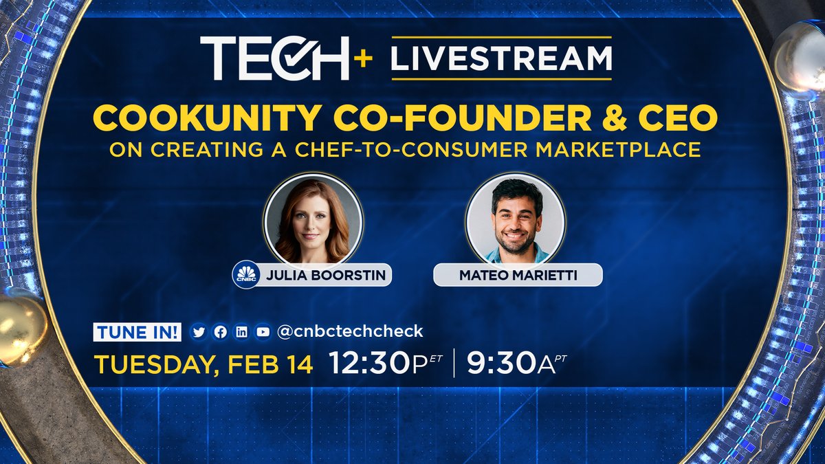 Tuesday, we're cooking up a fun TC+ livestream:

⏰tomorrow @ 12:30p ET
🥘<a href="/JBoorstin/">Julia Boorstin</a> &amp; <a href="/Cookunity/">cookunity</a> CEO Mateo Marietti will talk future of food tech, how the chef-to-eater model is reimagining the industry, expansion plans, &amp; more!

Join us &amp; ask q's!
▶️ youtu.be/hiQPyXLs3o0