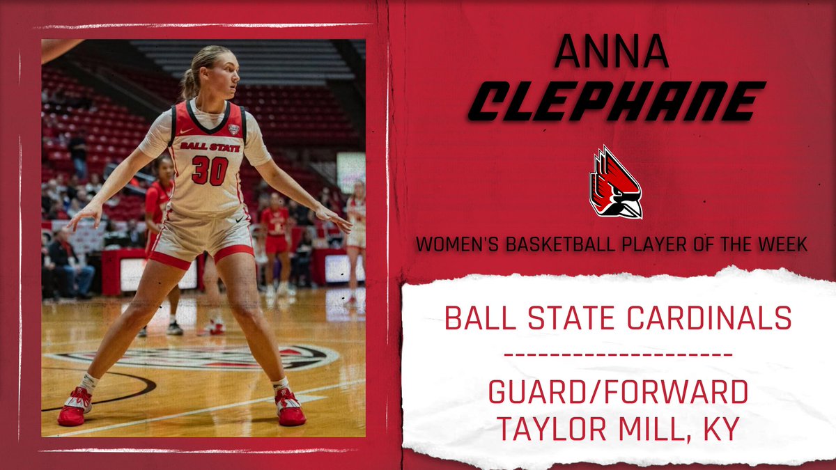Clephane put on quite the show this week in conference play, helping Ball State pick up a pair of road wins. For the week, she averaged 24.5 points per game and 7.5 rebounds per game, and also shot 78 percent (15-19) from the charity stripe

#ChirpChirp | #MACtion