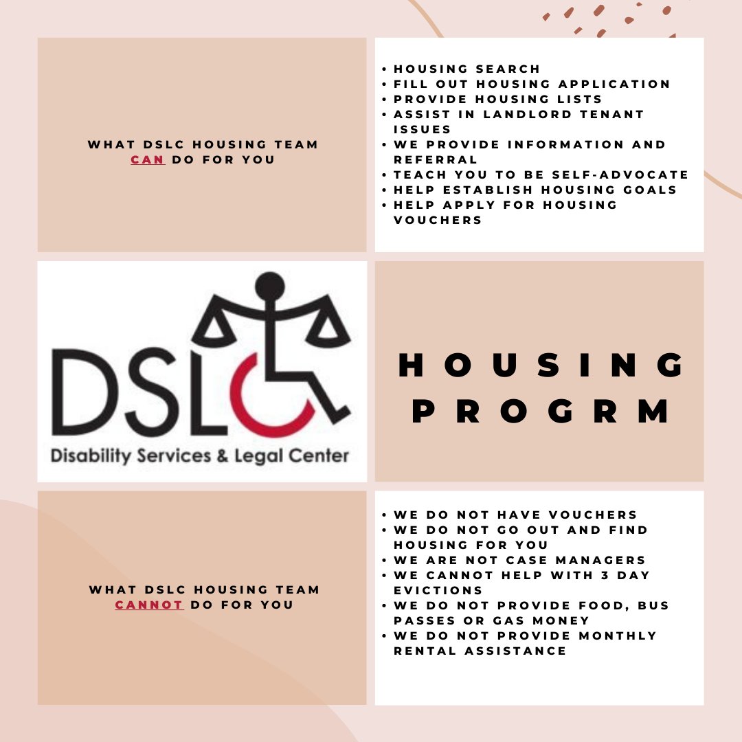 DSLC Housing Program is able to assist you with a verity of housing related issues. Take a look at the specifics of what they can do for YOU! 

If you have any questions, please reach out to us today!
