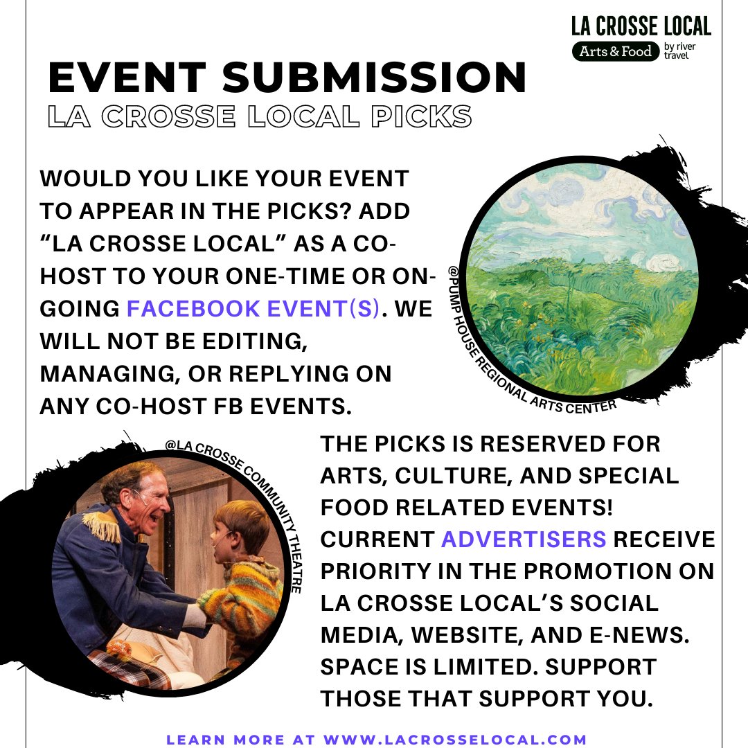 #Submit an event today! 

La Crosse Local's "The Picks" showcases various events around the La Crosse region and neighboring communities to draw attention to local weekday and weekend events. 🌟

Learn more: ow.ly/pNPl50LVhRR

#lacrosselocal #eventsubmission #thepicks