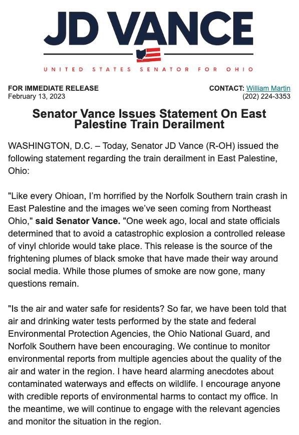 JDVance's tweet photo. My statement on the train crash in East Palestine. https://t.co/E3IiyKOC2Z