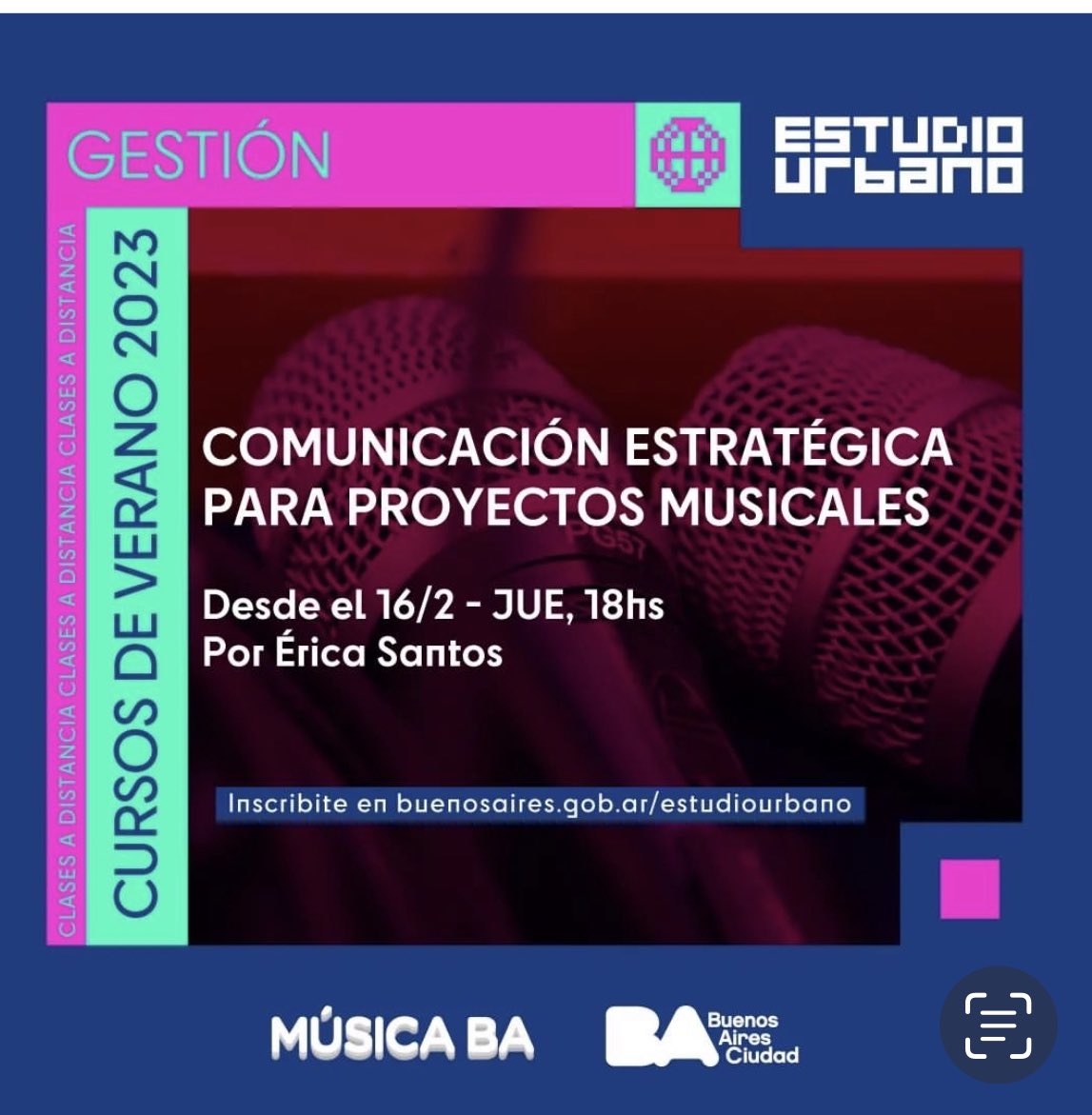 Comienza mi curso “APRENDE A COMUNICAR TU MÚSICA” en <a href="/EstudioUrbano/">Estudio Urbano</a> 
4 encuentros para trabajar: la comunicación de la identidad artística, las audiencias (de cada proyecto) a quienes dirigirse, y los circuitos por donde estas circulan. ¿Nos vemos? 
👉 buenosaires.gob.ar/comunicacion-e…