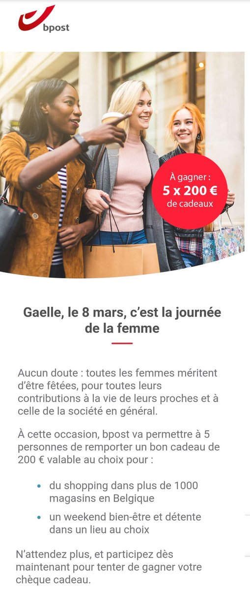 PepiteSexiste's tweet photo. Pour la journée internationale des DROITS des femmes, on pensait plutôt à plus d'égalité qu'à des bons cadeaux shopping... @bpost_fr cc @SexismeFlop https://t.co/UhkovqF91b