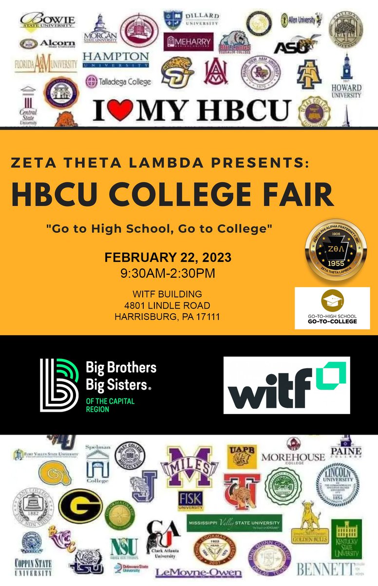 BBBSCapRegion's tweet image. HS Students, you’re invited! February 22nd #HBCU Fair – featuring 17 Historically Black Colleges &amp;amp; Universities. Pre-registration is NOT required. You are welcome to arrive anytime during event hours. 
@WITF
 
#alphaphialpha #gotohighschoolgotocollege #ilovemyhbcu #biggertogether