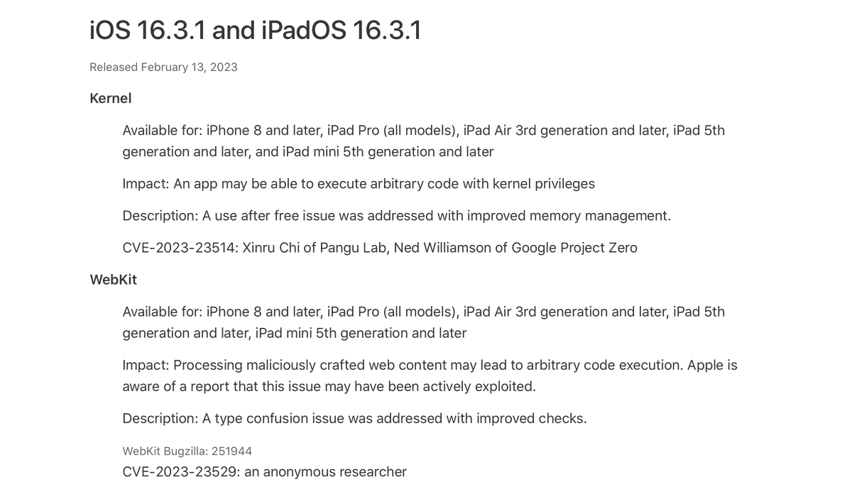 BrandonButch's tweet photo. Another big reason Apple released iOS 16.3.1 today:

It patches a Kernel bug + a Webkit bug that was being actively exploited.. https://t.co/2EuV7yL6D7