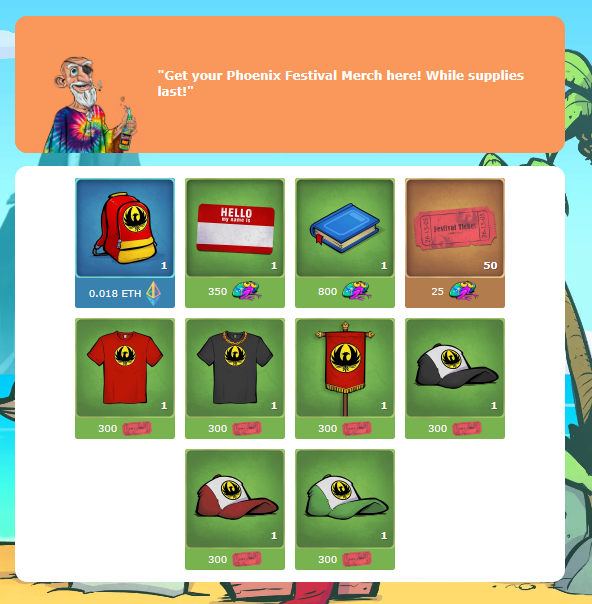 ReegittyReegs's tweet photo. Just another day on the Island.  Claimed my daily $frog (with some bonus for holding sets), visited the Phoenix Festival Merch Shop. Bought a nametag to re-name one of my @trippies.  Now which Trippie to rename 🤔🤔🤔🤔#traitswapping #nfts https://t.co/Pq9NcMHdRK