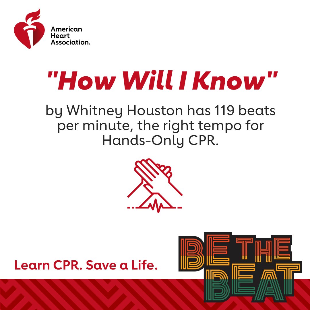 Take the #HeartMonth challenge to learn the 2 steps of Hands-Only CPR to save lives: 
👉 Call 911
👉 Push hard and fast in the center of the chest at the same tempo as 'How Will I Know' by Whitney Houston.
#CPRwithHeart #BlackHistoryMonth