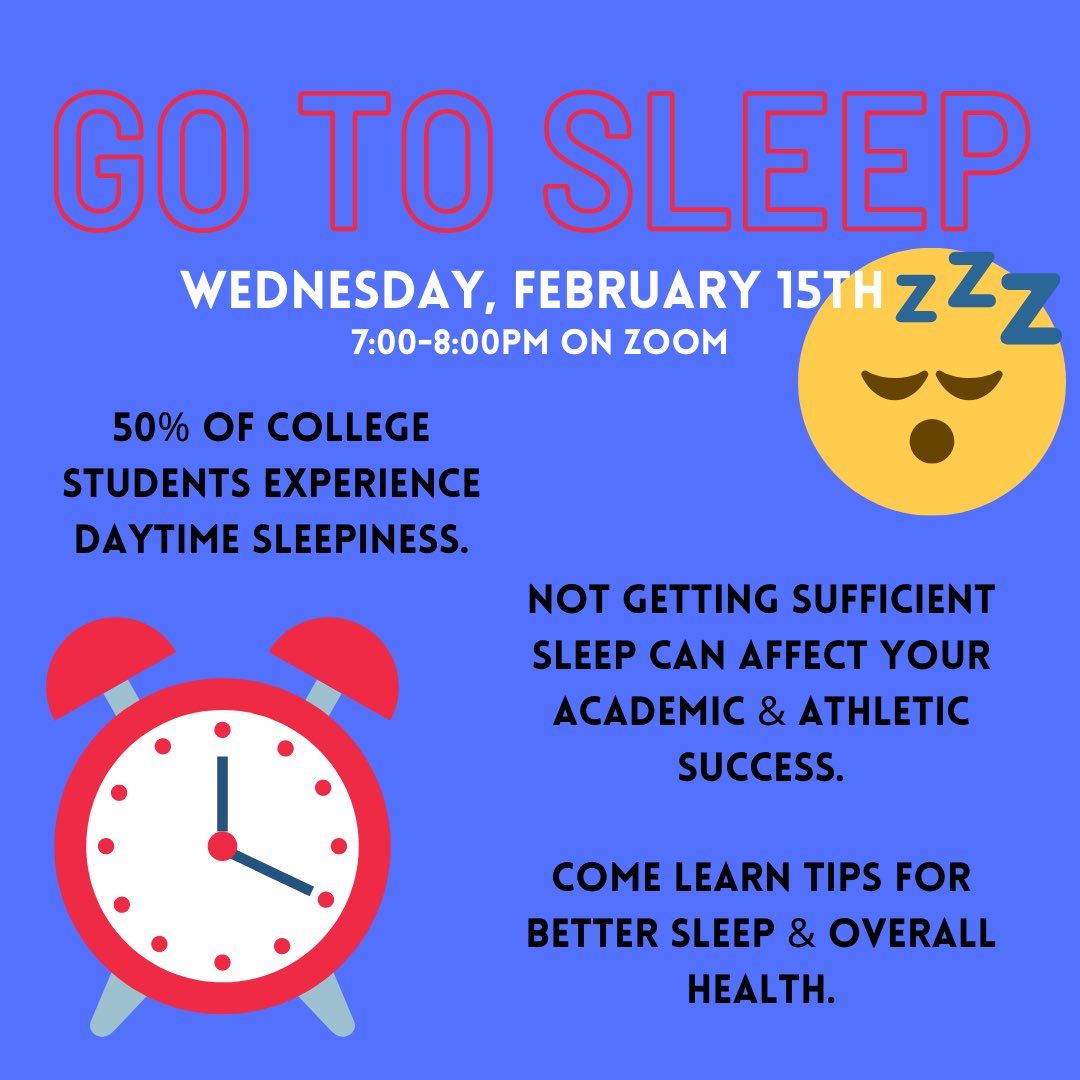 Lights out! Time to go to sleep! Join Student Athlete Development and the Wellness Center this Wednesday for an informative session on sleep 💤 Being your best everyday depends on it! Come talk sleep with us!