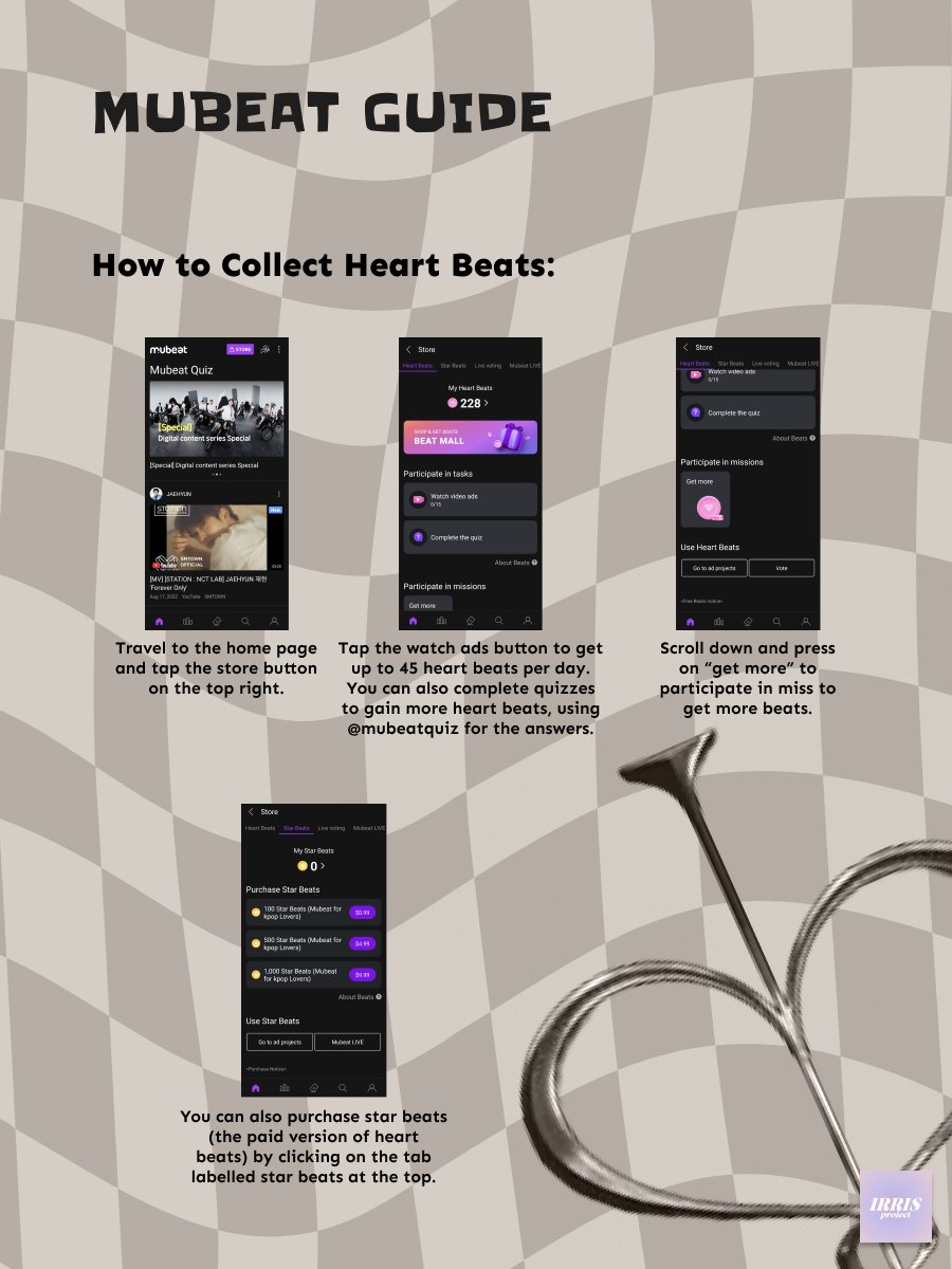 irrisvotingteam's tweet photo. MUBEAT

Note: on the guide it just says it's for Music Core, but MUBEAT is now also used for Music Bank.

Voting for Music Bank is from Monday 11am KST to Wednesday 11am KST and uses heartbeats instead of voting tickets like Music Core. https://t.co/8hCHpu4C96