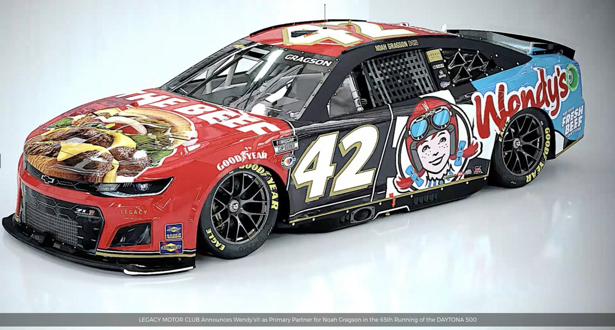 Here's <a href="/Wendys/">Wendy’s</a>' #Daytona500 paint scheme with @LegacyMotorClub.

🔲 Wendy's will also be activating on site again @Daytona with a show car and giveaways/sampling of burgers/fries/Frostys/merch.