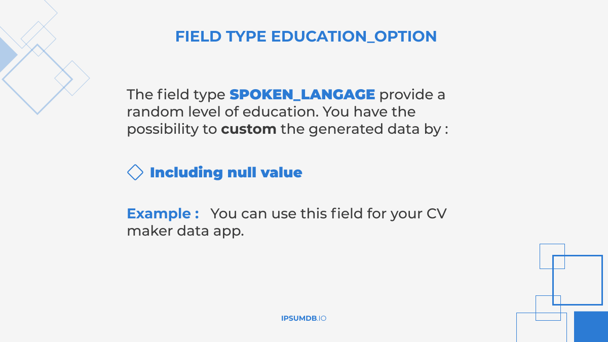ipsumdb's tweet photo. Find the field type #educationOption here : https://t.co/fCiMJj7vZ5 #Data #generator #dataanalytics #JSON #SQL #datagenerator #CaParleDev #buildinpublic #flutter #Flutterweb #flutterapp #flutterdeveloper #webapplication #database #testing #datavisualization #API @gilleskidjo1 https://t.co/KWgaleGt7c
