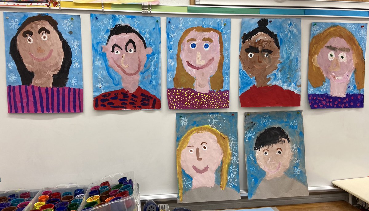 Kindergarten self portraits <a href="/Oakton_ES/">Oakton ES</a> 💕Mixed their own skin tones, reviewed vertical, diagonal&amp; horizontal lines for background ❄️ (now where’s the snow!?!) #selfportrait #temperapaint #elementaryArt