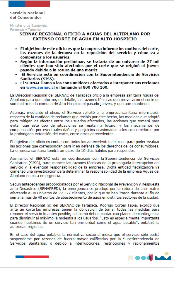 del_seremi's tweet photo. ✅👇‼️Declaración regional SERNAC por corte de agua en Alto Hospicio‼️ https://t.co/ZOcdVOUYrZ