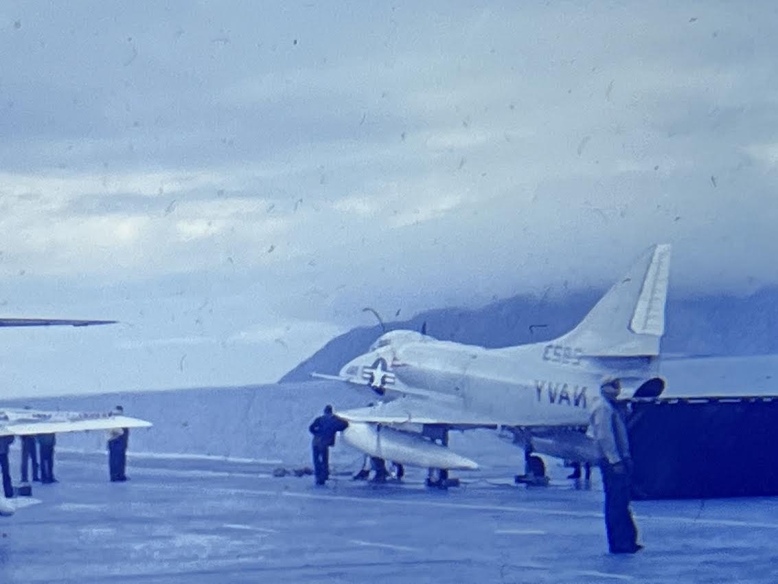 SusanSalk's tweet photo. I dialed the year 1960 into the WABAC and found 3 photos of my Dad, Major M.W. Maddocks, USMC fighter pilot, ready to launch off "the skillet" in a single-seat, subsonic A4 Skyhawk. #figterpilot https://t.co/76bDGTzbyd