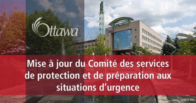 Illustration sur laquelle on aperçoit l’hôtel de ville d’Ottawa à l’arrière-plan. Au premier plan figurent un trait gris vertical et un trait rouge horizontal. L’inscription « Mise à jour du Comité des services de protection et de préparation » est au centre.