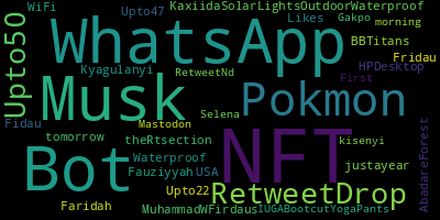 infokalyptisch's tweet photo. Trending in my timeline now: #NFT (3) #WhatsApp (2) #Bot (2) #Musk (2) #Pokmon (1) #RetweetDrop (1) #Upto50 (1) #KaxiidaSolarLightsOutdoorWaterproof (1) https://t.co/bSX3c0zuei
