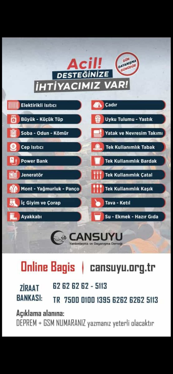 “Acil Desteğinize İhtiyacımız Var!”

Gün Dayanışma Günüdür…

(Lütfen paylaşımın yayılmasında destek olunuz)

#depremden #depremzede #deprem #adanadeprem #sanlıurfadeprem #Kilis #adiyamandeprem #hatayiskenderun #hataydepremi #adiyamandeprem #Cansuyu #AGD #MGV